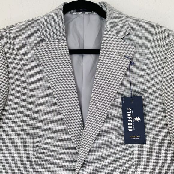 NWT Stafford Sport Coat Men 34R Gray Houndstooth Linen Cotton Blazer Jacket Work - Picture 3 of 13